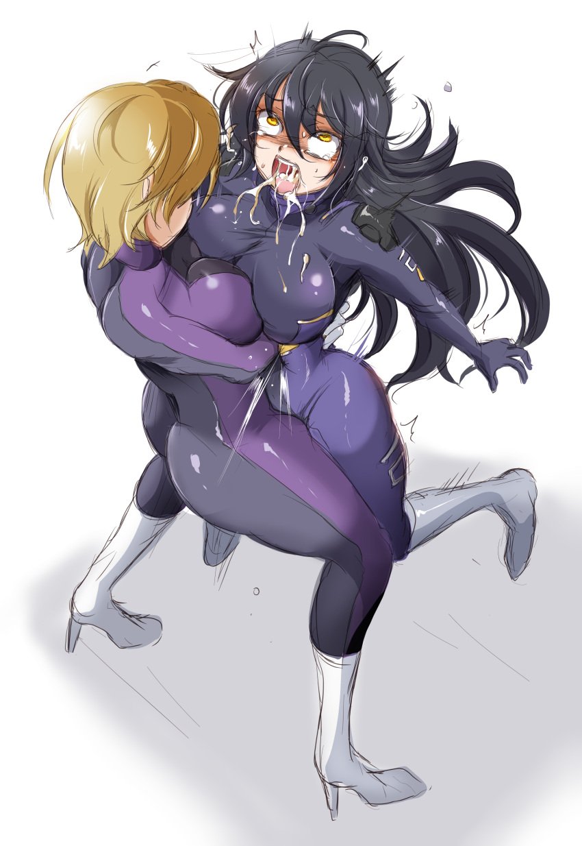 2girls bearhug black_hair blonde_hair catfight female female_only femdom fight fighting latex latex_suit long_hair original original_character short_hair tight_clothing yuri