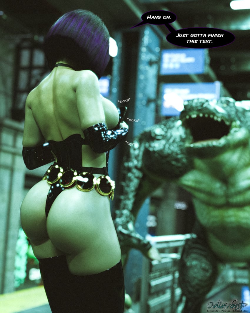 ass ass_cheeks batman_(series) butt_cheeks crocodile dc dc_comics deviantart female justice_league killer_croc male monster odinv0nd open_mouth purple_hair raven_(dc) reptile teen_titans text train_station