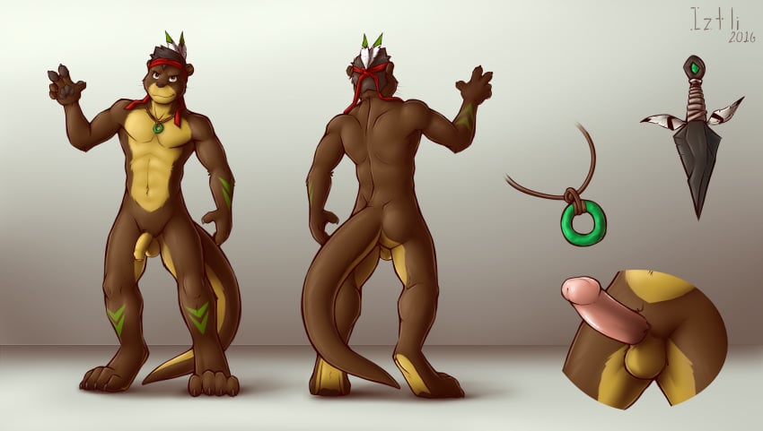 1boy anthro ass athletic backsack balls close-up dagger erection feathers flaccid front_view headband humanoid_penis iztli looking_at_viewer male male_only mammal melee_weapon model_sheet mustelid nude otter pendant penis rear_view solo standing uncut waving weapon zake