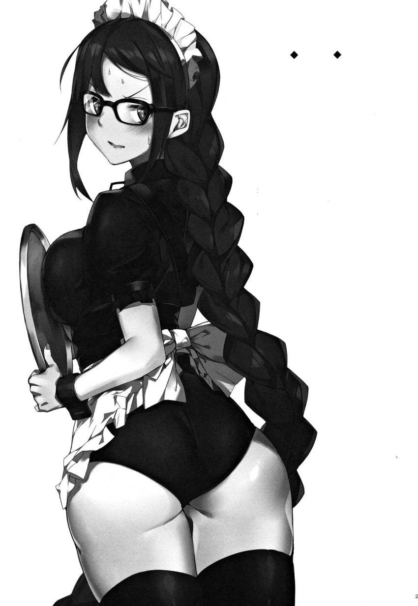 angry black_and_white blush braided_ponytail fate/grand_order fate_(series) glasses leotard maid maid_headdress no_color thighhighs yu_miaoyi