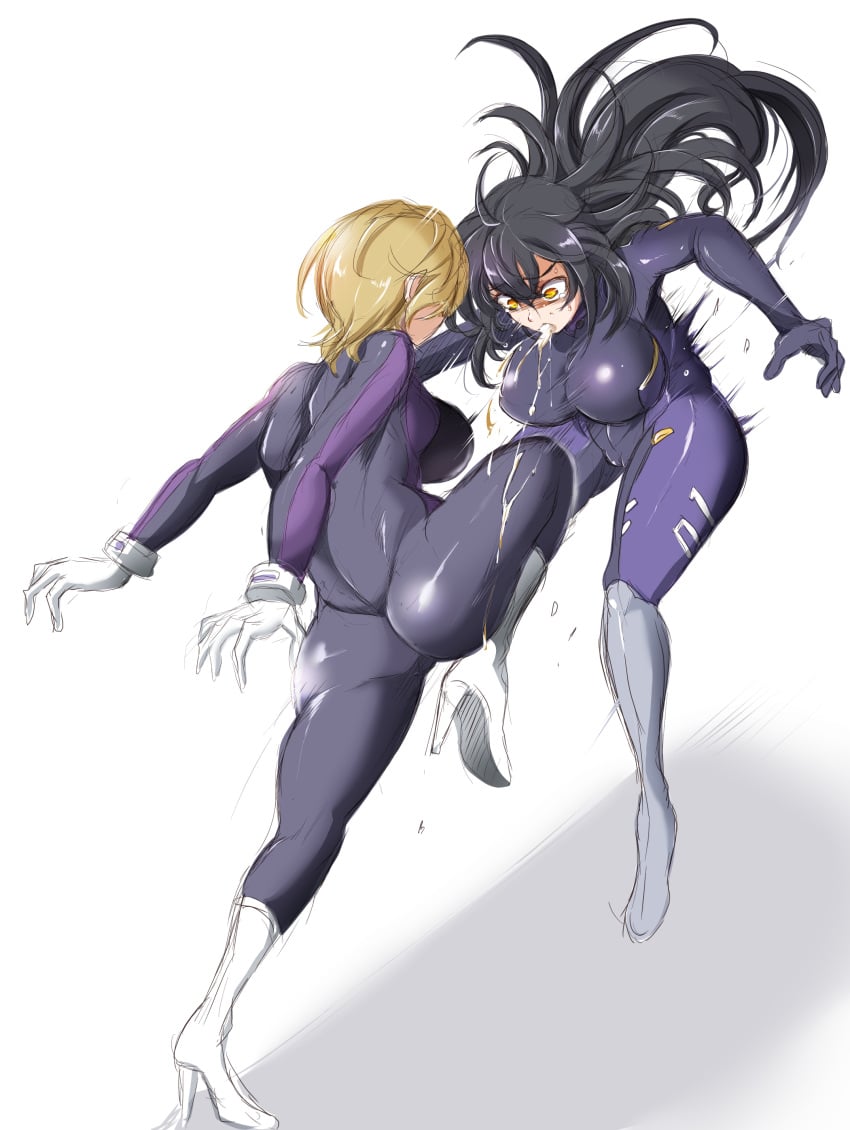 2girls black_hair blonde_hair catfight female female_only femdom fight fighting knee_kick latex latex_suit long_hair original original_character short_hair tight_clothing yuri