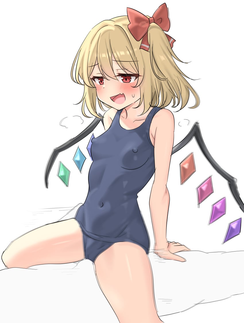 1boy :d absurdres blonde_hair blue_one-piece_swimsuit blush bow breasts collarbone commentary_request covered_navel covered_nipples crystal_wings female flandre_scarlet grinding hairbow highres multicolored_wings oerba_yun_fang one-piece_swimsuit open_mouth red_bow red_eyes short_hair side_ponytail simple_background skin_fang small_breasts smile spread_legs straight sweatdrop swimsuit touhou white_background wings youmu-kun