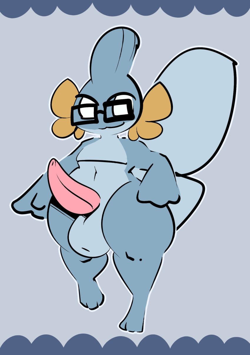 1upgobbo anthro balls big_balls big_penis big_tail blue_background blue_body eyewear generation_3_pokemon genitals glasses hi_res jay_(1upgobbo) male mudkip navel nintendo penis pokemon pokemon_(species) simple_background smile solo tail thick_thighs