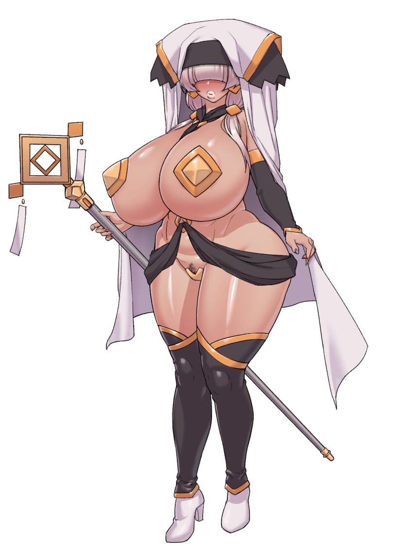 1girls big_ass big_breasts covered_nipples covered_pussy dark-skinned_female dark_skin daruguxwa hair_covering_eyes partially_clothed pasties priest solo solo_female standing