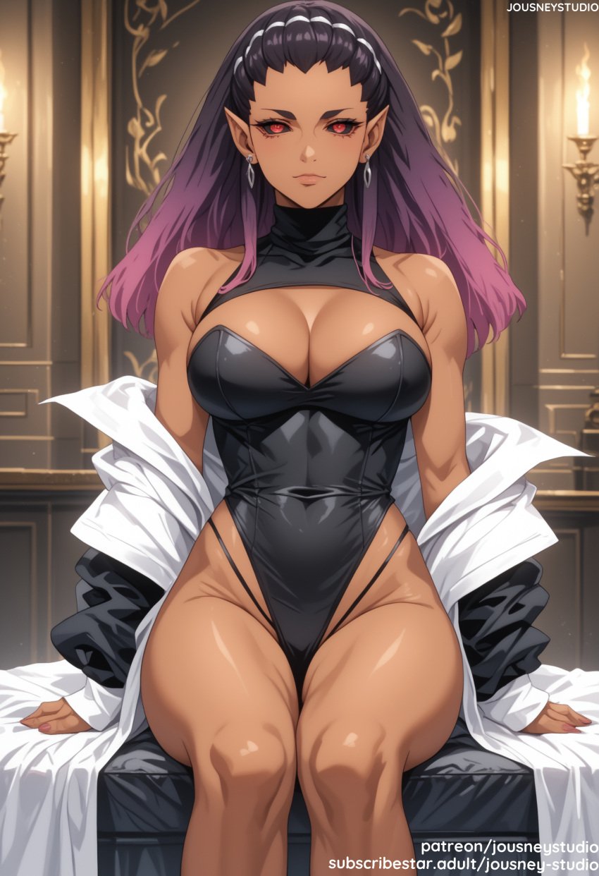 ai_generated artist_name bangs bare_shoulders black_dress black_hair black_leotard black_sclera blush breasts candle castlevania castlevania_(netflix) castlevania_nocturne cleavage cleavage_cutout closed_mouth clothing clothing_cutout coat colored_sclera covered_navel dark-skinned_female dark_skin dress drolta_tzuentes earrings elf female female female_only fingernails gradient_hair headwear highleg highleg_leotard indoors jacket jewelry jousneystudio large_breasts leotard lips long_hair long_sleeves looking_at_viewer multicolored_hair navel netflix off_shoulder open_clothes original parted_lips patreon_username pink_hair pink_nails pointed_ears purple_hair red_eyes sitting smile solo thighs