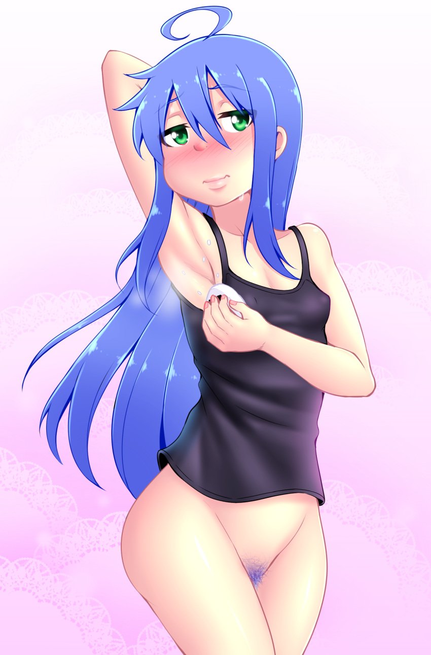 1girls armpit_fetish armpit_onigiri armpits blue_hair blue_pubic_hair blush bottomless breasts colored_pubic_hair embarrassed female female_only ghettoyouth green_eyes human human_only konata_izumi lucky_star nipple_outline nude nudity onigiri pubic_hair small_breasts solo sweat sweatdrop