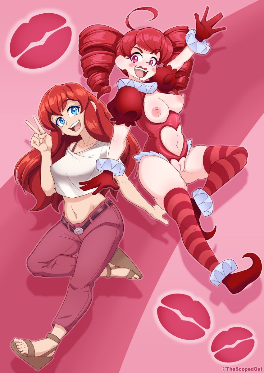 blue_eyes clown_girl female functionally_nude nipples pussy red_hair scopedout twin_drills x-red_(scopedout)