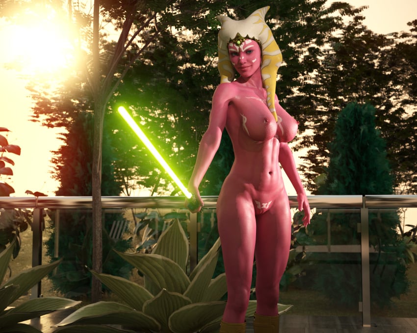 1girls 3d absurd_res absurdres breasts drinkerofskies female female_only jedi lightsaber nude nude_female pink_body pink_skin pussy solo star_wars tagme togruta