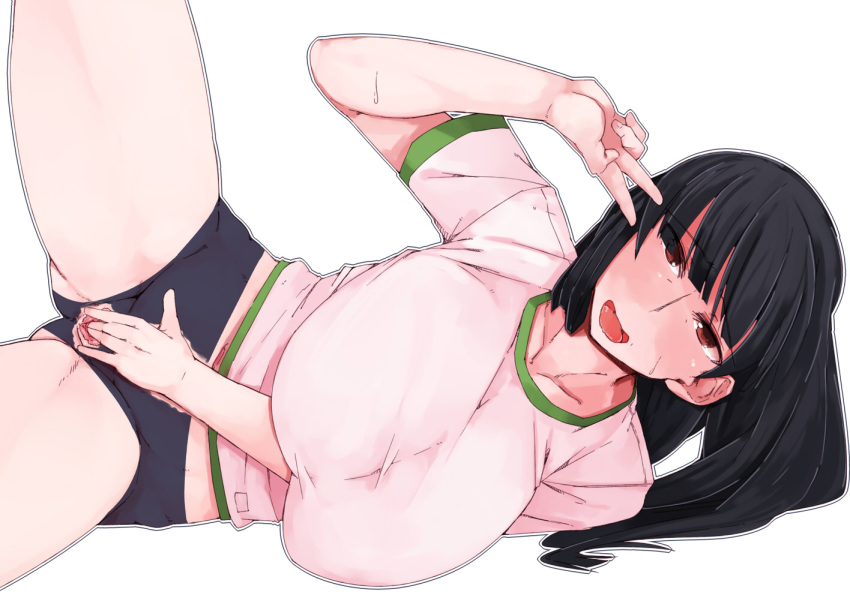 ankoku_emu_shougun bad_pixiv_id black_hair breasts brown_eyes buruma female female_masturbation fingering girls_und_panzer large_breasts looking_at_viewer masturbation mature_female nishizumi_shiho on_side pussy short_shorts solo torn_clothes v_sign