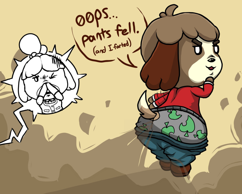 1boy 1boy1girl 1girl animal_crossing anthro big_ass big_butt brother_and_sister canid canine clothed clothing digby_(animal_crossing) disgusted dog fallenchungus fanning_self fart fart_cloud fart_fetish farting female floppy_ears furry holding_nose isabelle_(animal_crossing) looking_at_viewer looking_back male sibling siblings smelly smelly_farts smirk smug smug_face