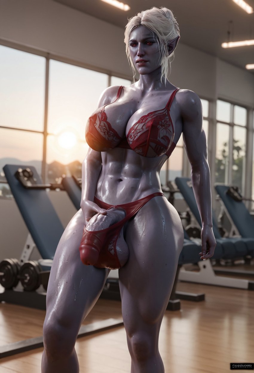 1futa 2d abs ai_generated athletic athletic_futanari baldur's_gate baldur's_gate_3 big_balls big_breasts big_penis bra bulge bulge_grab dark-skinned_futanari dark_skin drow futa_only futanari grey_skin hi_res highres huge_breasts huge_cock lingerie long_penis looking_at_viewer masturbation minthara muscles muscular muscular_futanari panties red_eyes solo standing veiny_penis white_hair