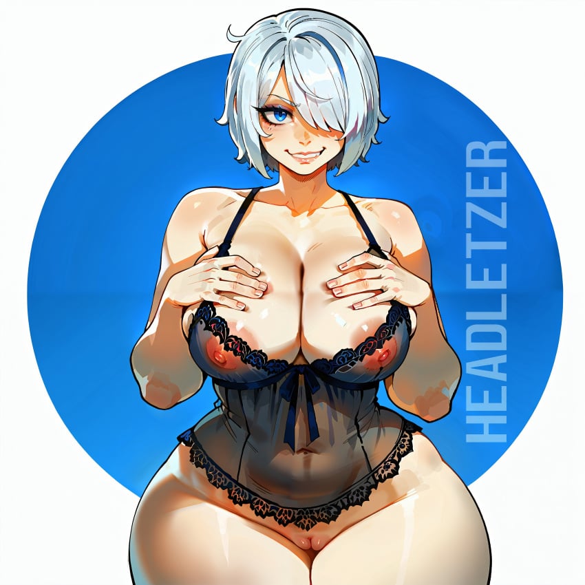 ai_generated angel_(kof) big_ass big_breasts blue_eyes headletzer king_of_fighters kof simple_background smirk tagme