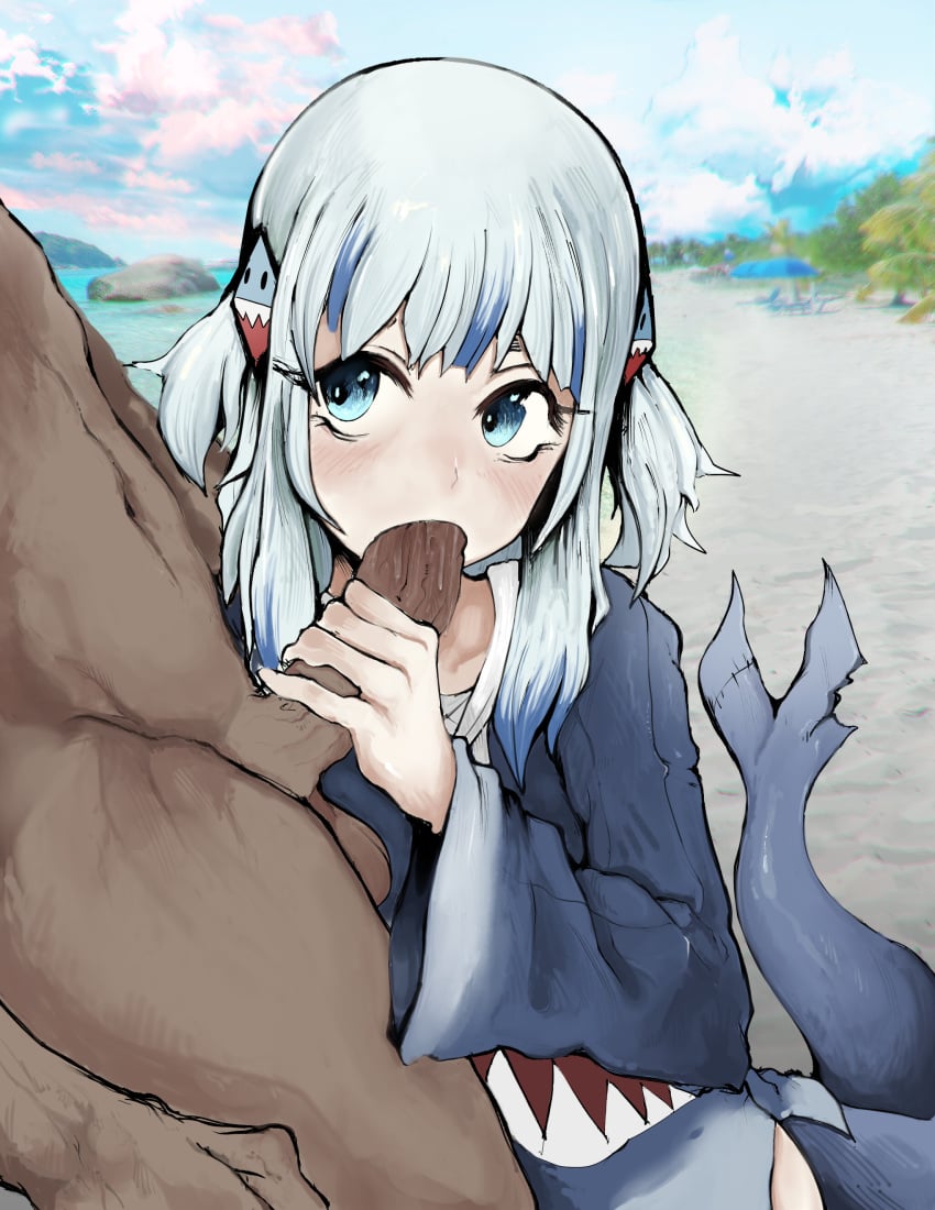 1boy absurdres beach blue_eyes blue_hair blue_hoodie dark-skinned_male dark_skin day erection fellatio female fins fish_tail gawr_gura gawr_gura_(1st_costume) grey_hair hair_ornament handjob highres hololive hololive_english hololive_myth hood hoodie long_hair long_sleeves multicolored_hair oral outdoors penis shark_hair_ornament shark_tail solo_focus straight streaked_hair tail testicles uncensored virtual_youtuber whosadaman wide_sleeves