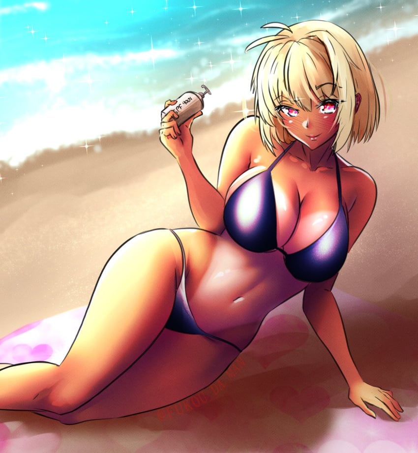 ahoge alternate_version_available arcueid_brunestud beach bedroom_eyes big_breasts bikini_bottom bikini_top black_bikini black_bikini_bottom black_bikini_top blonde_hair blush bra breasts cleavage curvy curvy_figure daylight enormous_breasts fukou_da_man gyaru heart hips huge_breasts inviting large_breasts lips looking_at_viewer lying_down melty_blood ocean outdoors panties red_eyes resting shapely short_hair smile sunlight sunscreen tan_markings tanned tanned-skinned_female tanned_female tanned_skin thick_thighs thighs top_heavy towel tsukihime type-moon vampire_girl wide_hips