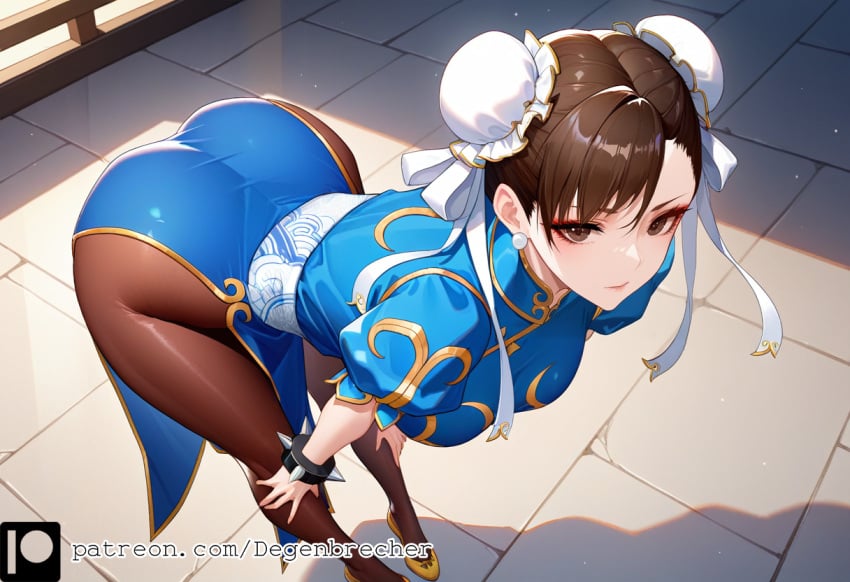 1girls ai_generated athletic_female bracelet brown_eyes brown_pantyhose chinese_clothes chun-li degenbrecher female large_breasts legwear patreon patreon_username pelvic_curtain puffy_short_sleeves spiked_bracelet street_fighter