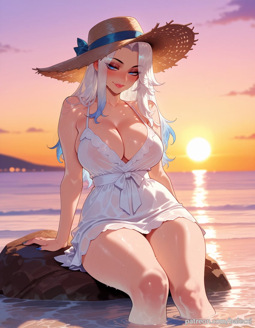 ai_generated ashe_(league_of_legends) balecxi bare_shoulders blue_eyes blue_hair blue_nails blush cleavage female large_breasts league_of_legends long_hair looking_at_viewer multicolored_hair patreon_username playboy_bunny sitting smile solo straw_hat sunset thick_thighs water wet white_dress white_hair