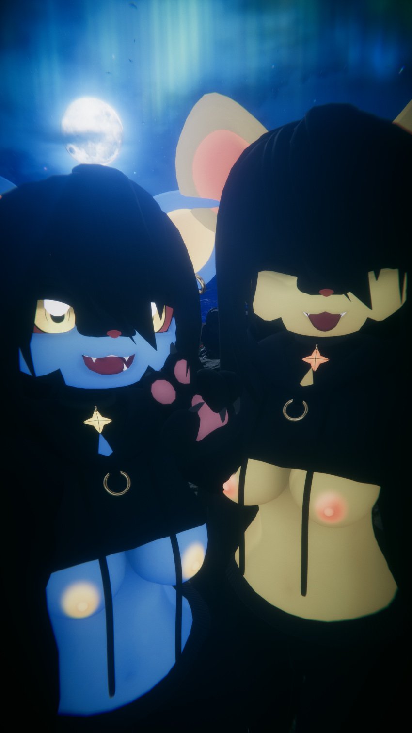 2girls 3d anthro anthro_only areola black_hair black_hoodie blue_fur breasts exposed_breasts fangs female_only furry furry_female furry_only game_freak laying_down luxray medium_breasts medium_hair moon moonlight nipples outside pokemon pokemon_(species) smug vrchat we_go_on yellow_eyes yellow_fur