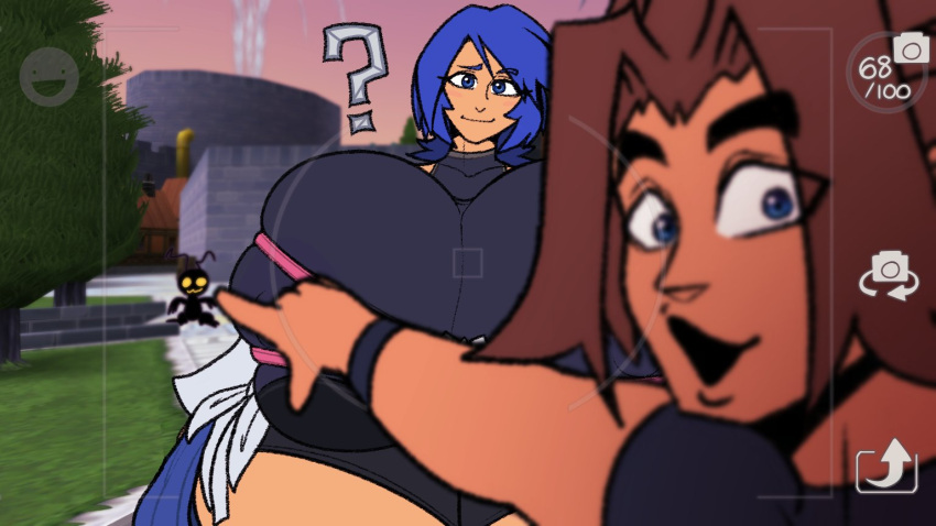 ? alternate_breast_size aqua_(kingdom_hearts) barely_contained_breasts blue_eyes blue_hair brown_hair camera camera_pov clothed colacoot heartless hyper_breasts hyper_thighs kingdom_hearts kingdom_hearts_birth_by_sleep large_breasts medium_hair out_of_focus pointing_soyjak smile smiling_at_viewer terra_(kingdom_hearts) thick_thighs