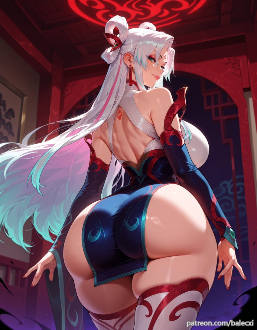 ai_generated back balecxi bare_shoulders detached_sleeves dress earrings female from_behind hair_ornament huge_ass irelia_xan jewelry large_breasts league_of_legends long_hair looking_at_viewer looking_back multicolored_hair mythmaker_irelia mythmaker_series patreon_username smile solo thighhighs thighs white_hair