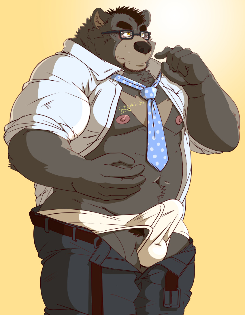 2025 absurd_res anthro bear belly bottomwear bulge clothed clothing erection erection_under_clothing eyewear glasses hi_res kemono male mammal moobs navel necktie nipples open_clothing open_shirt open_topwear overweight overweight_male pants raichoclub shirt simple_background solo topwear underwear