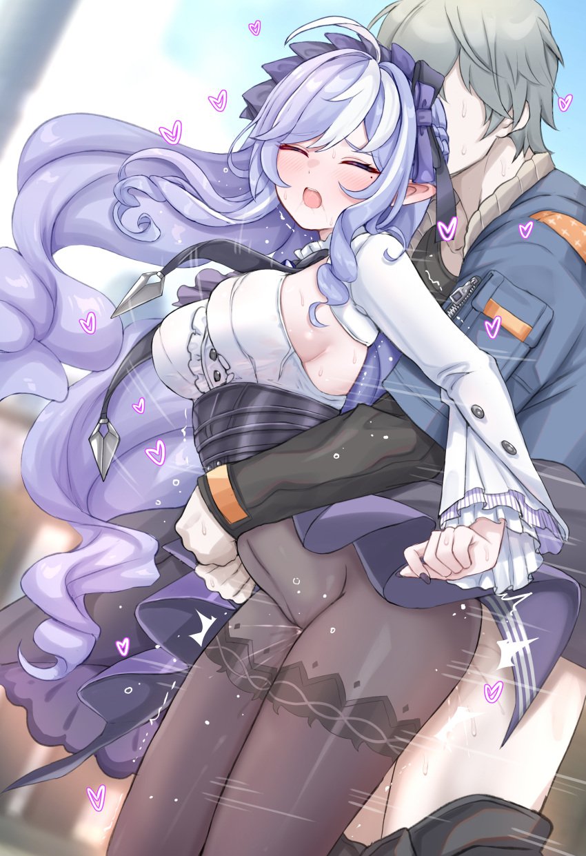 1boy absurdres ahoge black_pantyhose black_shirt blue_jacket blue_sky blush bow breasts center_frills closed_eyes clothed_sex commentary couple daram_(shappydude) day denim denim_jacket dress female frills grey_hair hairbow heart high-waist_skirt highres hug hug_from_behind jacket large_breasts large_variant_set long_sleeves male mole mole_under_eye multicolored_hair open_mouth outdoors pantyhose patterned_legwear pointy_ears purple_bow purple_eyes purple_hair purple_skirt revision sex sex_from_behind shirt short_hair showgirl_skirt sideboob skirt sky straight streaked_hair teeth two-tone_hair underbust upper_teeth_only variant_set vivian_(zenless_zone_zero) white_hair white_shirt wise_(zenless_zone_zero) zenless_zone_zero