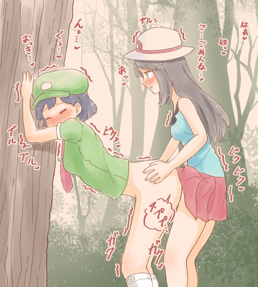 2girls against_tree azumanishiki bare_arms blue_hair blue_shirt blush bottomless breasts cabbie_hat closed_eyes clothed_sex commentary_request feet_out_of_frame foliage from_side frown futa_with_female futanari green_hat green_shirt grey_eyes grey_hair hands_on_another's_hips hat heart highres kneehighs leaf_(pokemon) long_hair looking_at_another medium_breasts miniskirt moaning multiple_girls necktie nose_blush open_mouth outdoors picnicker_(pokemon) pleated_skirt pokemon pokemon_frlg profile public_indecency red_necktie red_skirt sex sex_from_behind shirt short_hair short_sleeves skirt sleeveless sleeveless_shirt socks sound_effects standing standing_sex straight_hair talking tree twitching white_hat white_socks