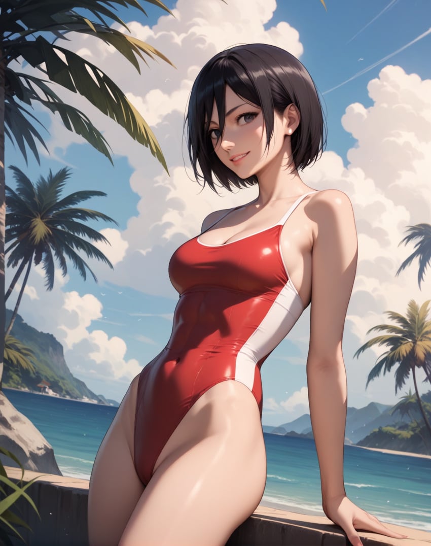 1girls 2d ai_generated ass athletic athletic_female attack_on_titan back_view bare_shoulders belly big_breasts black_eyes black_hair bob_cut curvy curvy_figure cute cute_face detailed eyelashes eyeshadow female female_only fit fit_female focus high_quality large_breasts legs light-skinned_female light_skin lips lipstick looking_at_viewer makeup mascara medium_breasts medium_hair midriff mikasa_ackerman nero100 outdoors pale-skinned_female pale_skin posing seductive seductive_look shingeki_no_kyojin short_hair six_pack stable_diffusion swimsuit tagme thick_thighs thighshair_between_eyes