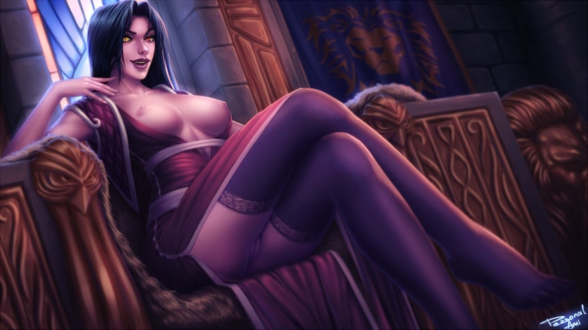 1girls 2016 areola big_breasts black_dragonflight blizzard_entertainment breasts crossed_legs feet female female_only human lady_katrana_prestor nipples onyxia personalami pussy solo stockings void_corruption_(warcraft) warcraft world_of_warcraft