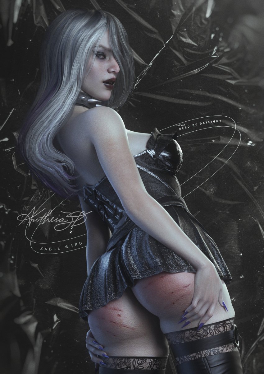 1female 3d antheia3d ass_focus ass_grab corset dbd dead_by_daylight female_only goth_girl leather_clothing long_fingernails looking_at_viewer miniskirt sable_ward silver_hair spank_marks