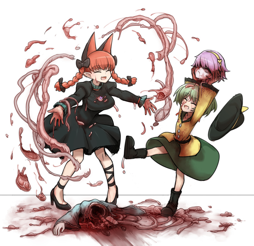 3girls :d animal_ears arms_up belt black_belt black_bow black_dress black_footwear black_hat blood blood_on_face blood_on_hands boots bow braid breasts buttons cat_ears cat_girl closed_eyes commentary_request death diamond_button dismemberment dress extra_ears eyeball frilled_sleeves frills full_body green_hair green_skirt guro hairband hairbow hat highres holding_detached_head intestines jigoku_no_soko_de_coffee_wo_nomu_neko juliet_sleeves kaenbyou_rin komeiji_koishi komeiji_satori long_hair long_sleeves medium_breasts multiple_girls open_mouth pink_hair pointy_ears puffy_sleeves red_hair severed_head shirt short_hair simple_background skirt smile spine touhou twin_braids variant_set white_background yellow_hairband yellow_shirt