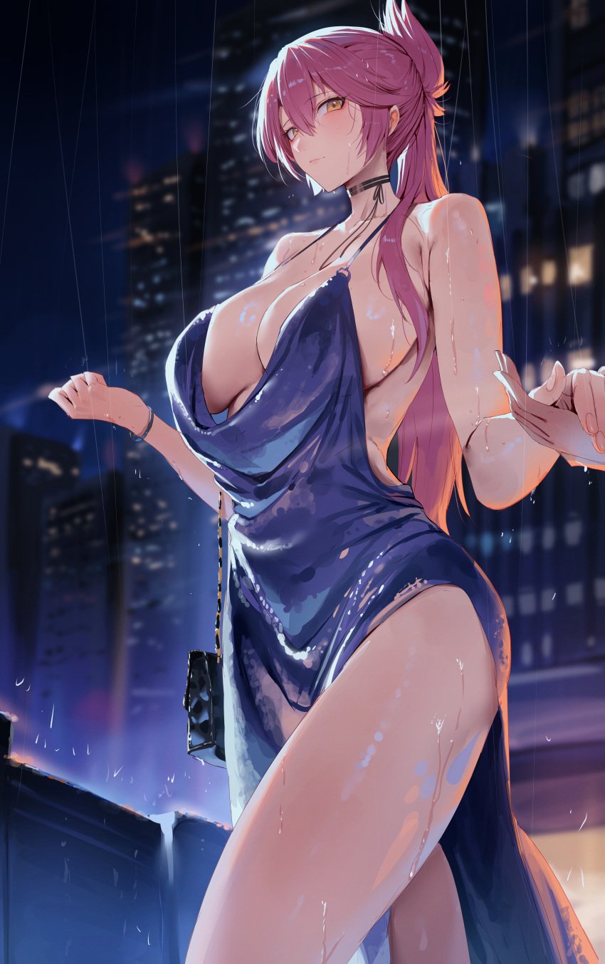 absurdres bag black_bag black_choker blurry blurry_background blush breasts building choker closed_mouth cocktail_dress commission dress eiyuu_densetsu eyeshadow female handbag highres holding_hands large_breasts light_smile long_hair makeup night outdoors pink_eyeshadow pink_hair pink_lips pixiv_commission ponytail purple_dress rain rororo sara_valestein sen_no_kiseki_(series) sen_no_kiseki_i solo_focus thighs yellow_eyes