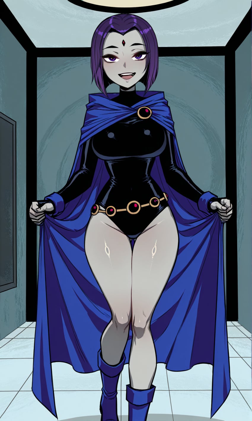 ai_generated big_ass big_breasts cape curvy dc dc_comics female female_focus goth goth_girl happy leotard raven_(dc) rcos sexy smile smiling solo solo_female solo_focus