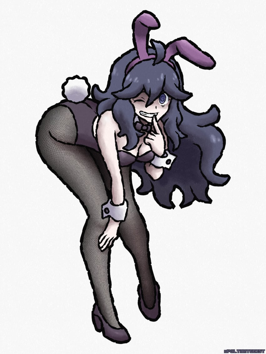 1girls 2025 animal_ears arched_back ass bent_over big_ass breasts bunny_ears bunnysuit cleavage fake_animal_ears female female_only finger_in_mouth fishnets full_body game_freak hair hands_on_own_knees hex_maniac high_heels long_hair looking_at_viewer neckwear nichtgeist one_eye_closed pokemon pokemon_xy purple_bunnysuit purple_eyes purple_hair small_breasts smile solo solo_female standing thighs white_background wide_hips