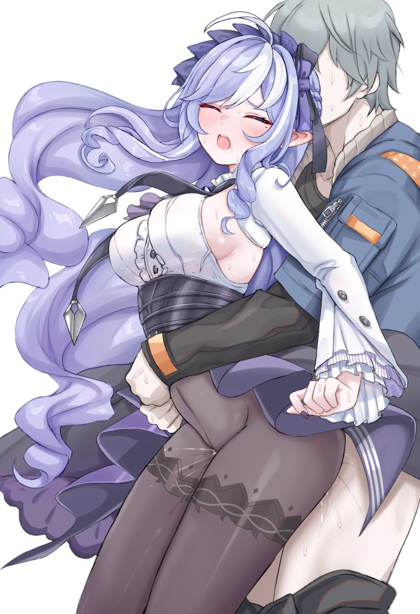1boy absurdres ahoge black_pantyhose black_shirt blue_jacket blush bow breasts center_frills closed_eyes clothed_sex commentary couple daram_(shappydude) denim denim_jacket dress female frills grey_hair hairbow high-waist_skirt highres hug hug_from_behind jacket large_breasts large_variant_set long_sleeves male mole mole_under_eye multicolored_hair open_mouth pantyhose patterned_legwear pointy_ears purple_bow purple_eyes purple_hair purple_skirt revision sex sex_from_behind shirt short_hair showgirl_skirt sideboob simple_background skirt straight streaked_hair teeth two-tone_hair underbust upper_teeth_only variant_set vivian_(zenless_zone_zero) white_background white_hair white_shirt wise_(zenless_zone_zero) zenless_zone_zero