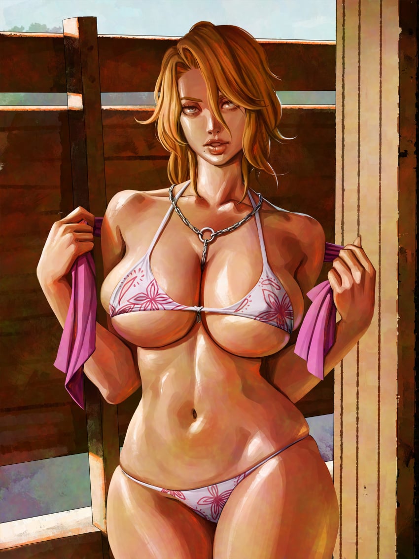 1girls alternate_costume azuma_yasuo bikini bleach bleach:_sennen_kessen-hen bleach:_the_thousand-year_blood_war breasts brown_hair chain_necklace chains cleavage curvy floral_print_bikini highres jewelry large_breasts matsumoto_rangiku mole mole_under_mouth navel necklace official_alternate_costume orange_hair parted_lips pink_shawl shawl shiny_skin short_hair solo stomach swimsuit thong thong_bikini toned toned_female white_bikini wide_hips