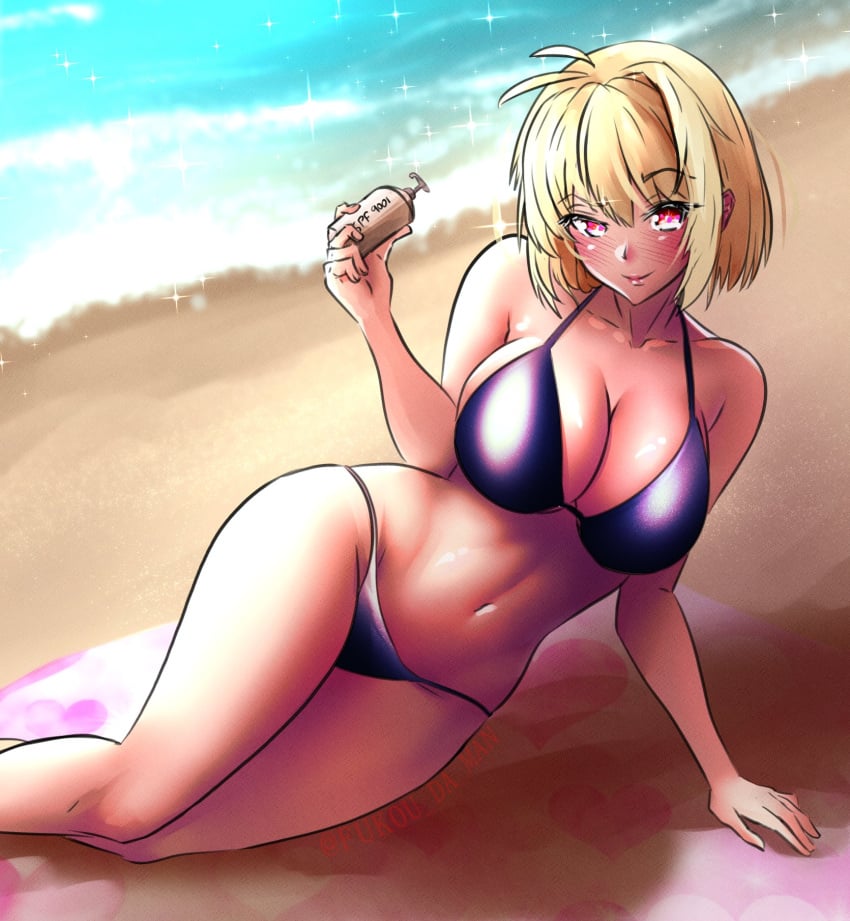 ahoge alternate_version_available arcueid_brunestud beach bedroom_eyes big_breasts bikini_bottom bikini_top black_bikini black_bikini_bottom black_bikini_top blonde_hair blush bra breasts cleavage curvy curvy_figure daylight enormous_breasts fukou_da_man heart hips huge_breasts inviting large_breasts lips looking_at_viewer lying_down melty_blood ocean outdoors panties red_eyes resting shapely short_hair smile sunlight sunscreen thick_thighs thighs top_heavy towel tsukihime type-moon vampire_girl wide_hips