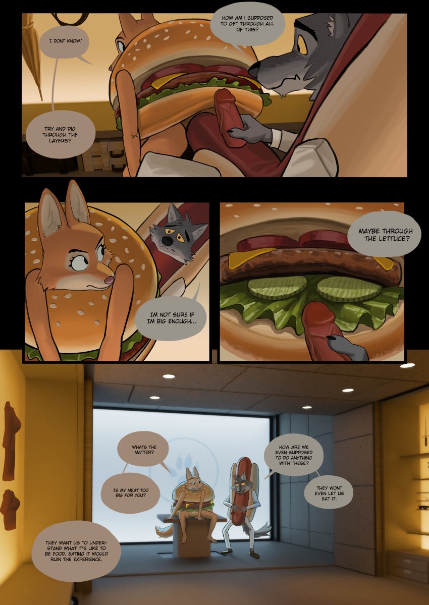 absurd_res anthro burger burger_costume canid canine canis cheeseburger_costume clothing comic costume diane_foxington dreamworks duo female food food_costume fox hi_res hot_dog hot_dog_costume male male/female mammal meat mr._wolf_(the_bad_guys) sausage sausage_costume the_bad_guys wolf wolfinasuit