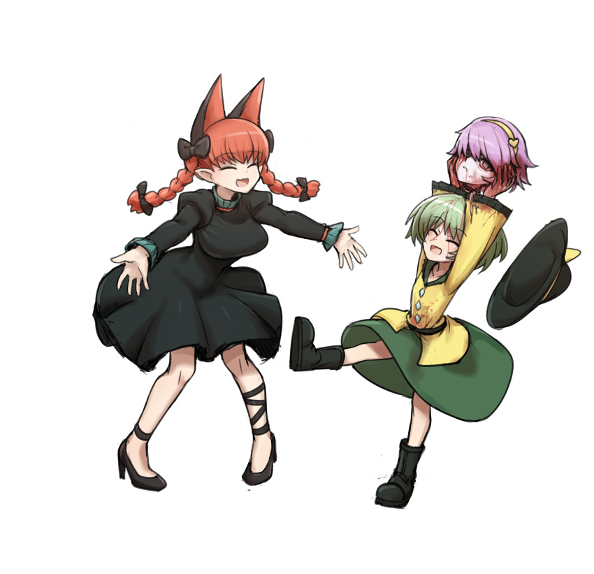 3girls :d animal_ears arms_up belt black_belt black_bow black_dress black_footwear black_hat blood blood_on_face blood_on_hands boots bow braid breasts buttons cat_ears cat_girl closed_eyes commentary_request diamond_button dress extra_ears frilled_sleeves frills full_body green_hair green_skirt guro hairband hairbow hat highres holding_detached_head jigoku_no_soko_de_coffee_wo_nomu_neko juliet_sleeves kaenbyou_rin komeiji_koishi komeiji_satori long_hair long_sleeves medium_breasts multiple_girls open_mouth pink_hair pointy_ears puffy_sleeves red_hair severed_head shirt short_hair simple_background skirt smile touhou twin_braids variant_set white_background yellow_hairband yellow_shirt