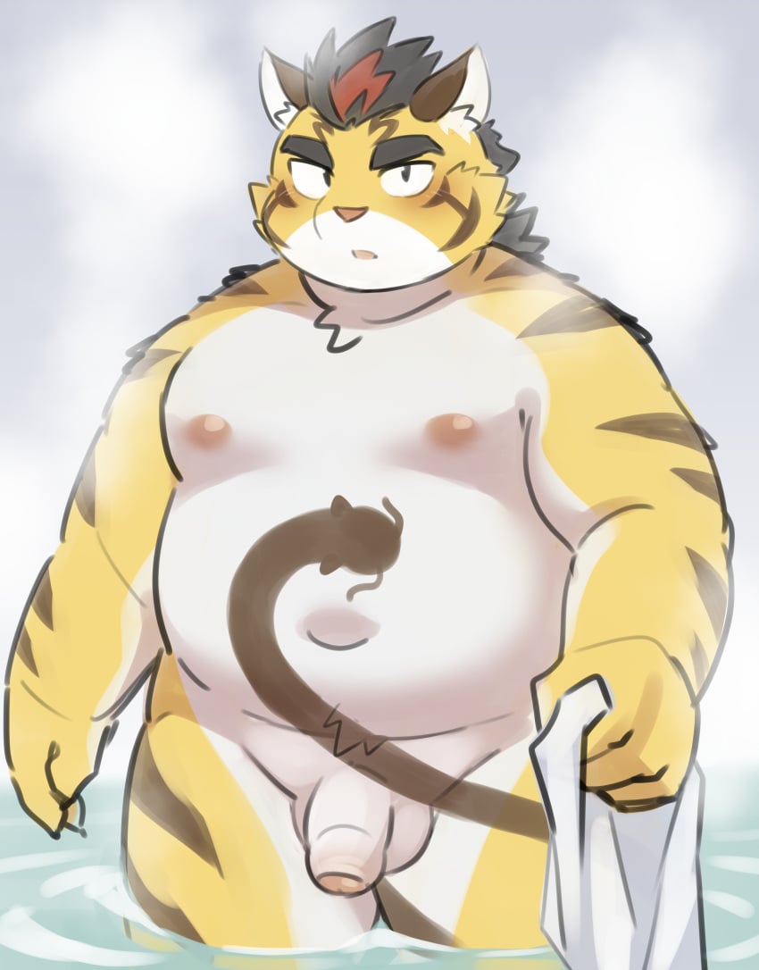 2025 absurd_res anthro balls belly felid flaccid genitals hi_res hitachi_(tamacolle) kemono male mammal moobs navel nipples overweight overweight_male pantherine penis ptcmtr solo tamacolle tiger towel water