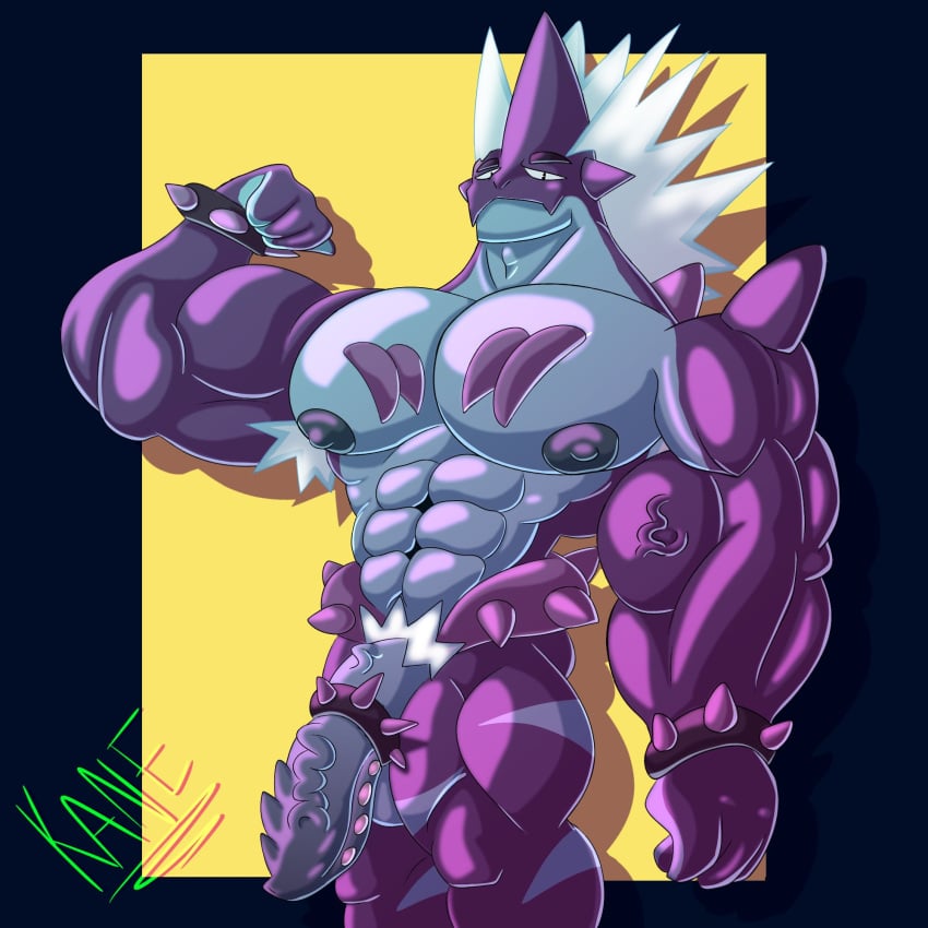 anthro balls bara big_muscles flaccid flexing kanepaindraws low_key_toxtricity male male_only muscles muscular nintendo penis pokemon scalie solo solo_male spiked_penis toxtricity