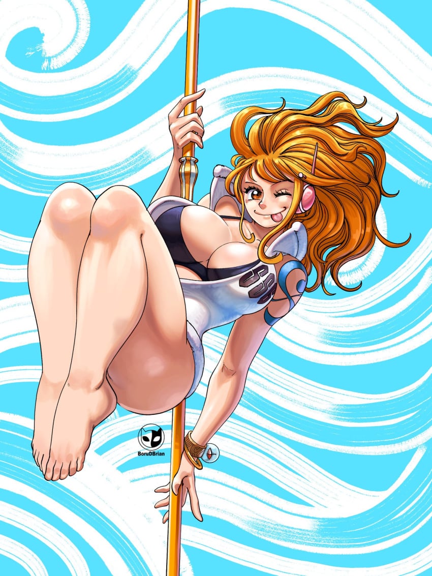 1girls bare_arms bare_legs bare_shoulders bare_thighs big_breasts borudbrian clothed clothing color dancing feet female female_focus female_only hi_res large_breasts light-skinned_female light_skin long_hair looking_at_viewer nami nami_(one_piece) one_piece one_piece:_egghead_arc orange_eyes orange_hair pole pole_dancing shounen_jump solo stripper_pole tattoo thick_thighs