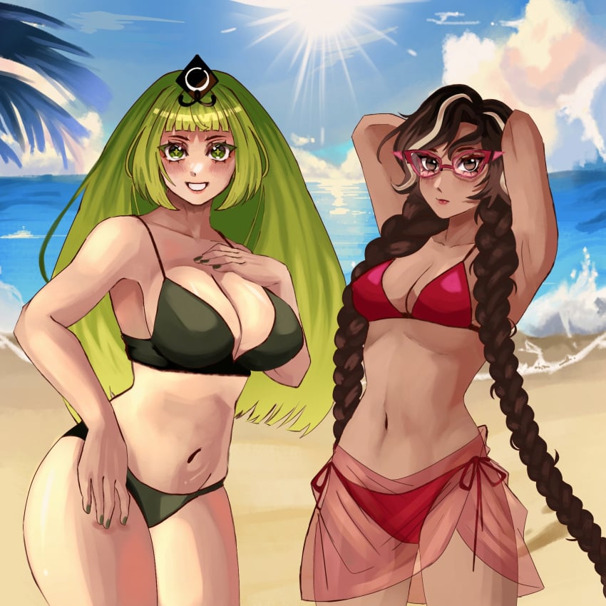 2girls beach big_breasts bikini brown_hair choco_drizzle_cookie cookie_run cookie_run_kingdom glasses green_hair green_tea_mousse_cookie humanized humanized_cookie seductive small_breasts small_waist tan_skin thick_thighs unknown_artist