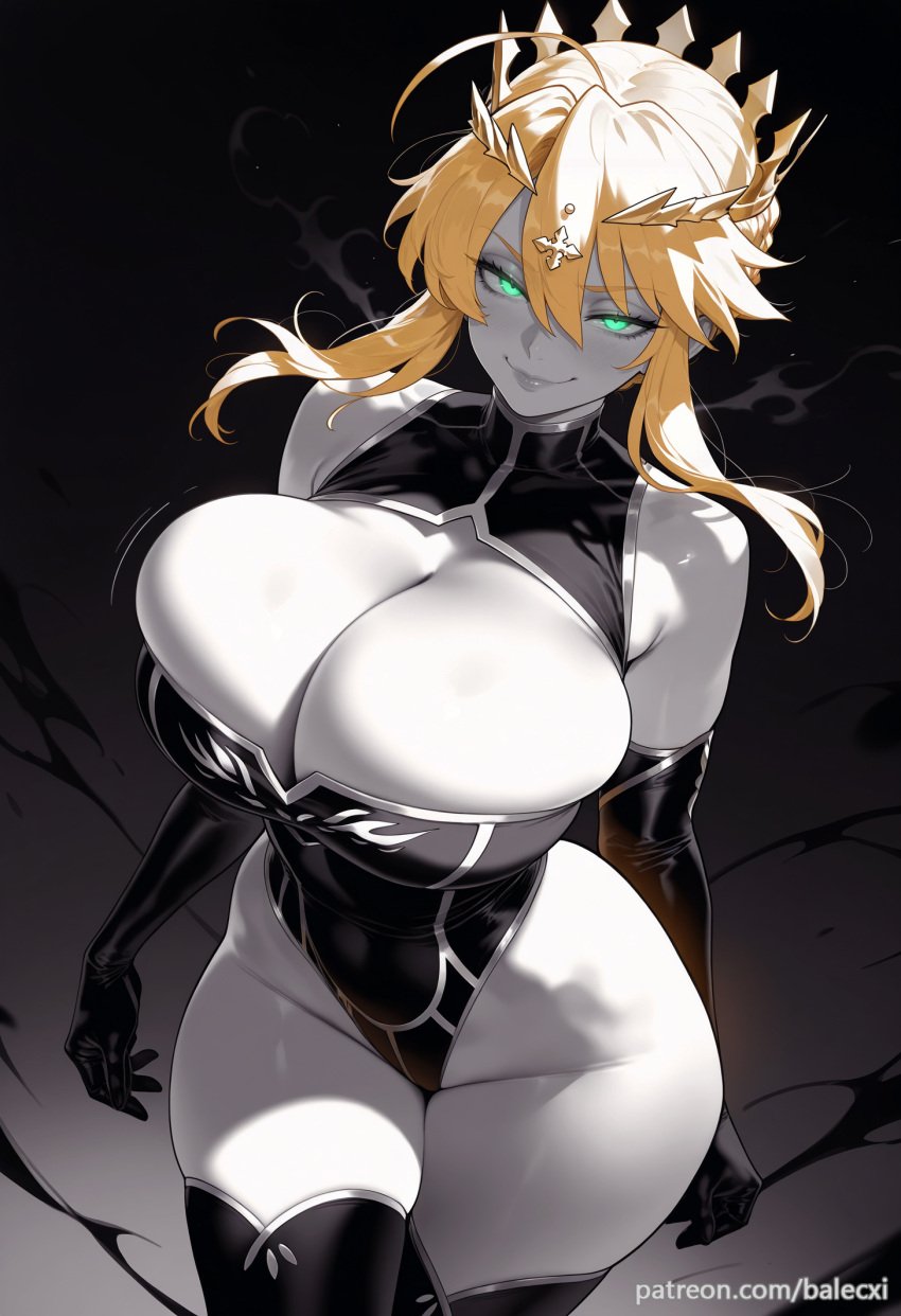 ahoge ai_generated artoria_pendragon artoria_pendragon_(fate) artoria_pendragon_(lancer) artoria_pendragon_(lancer)_(fate) balecxi blonde_hair braid cleavage cleavage_cutout clothing_cutout crown curvy elbow_gloves fate/grand_order fate_(series) female gloves glowing_eyes green_eyes hair_between_eyes highleg highleg_leotard huge_breasts looking_at_viewer sidelocks sleeveless sleeveless_turtleneck sleeveless_turtleneck_leotard smile solo thighhighs thighs turtleneck_leotard wide_hips