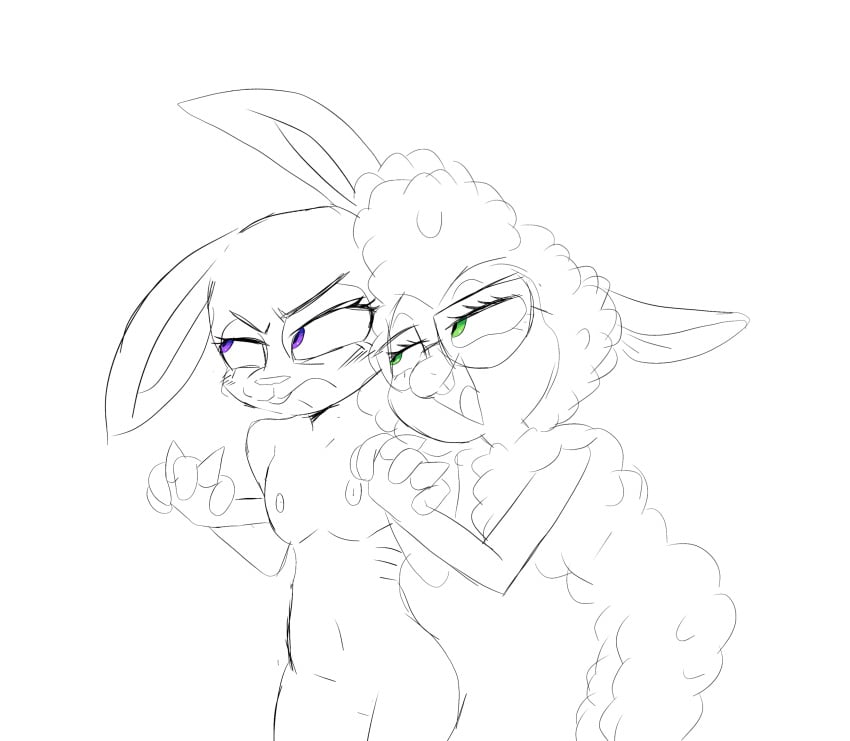 absurd_res anthro big_teeth blush bovid breasts caprine dawn_bellwether disney duo female female/female foontanu hand_holding hi_res judy_hopps lagomorph leporid mammal nude rabbit sheep teasing zootopia