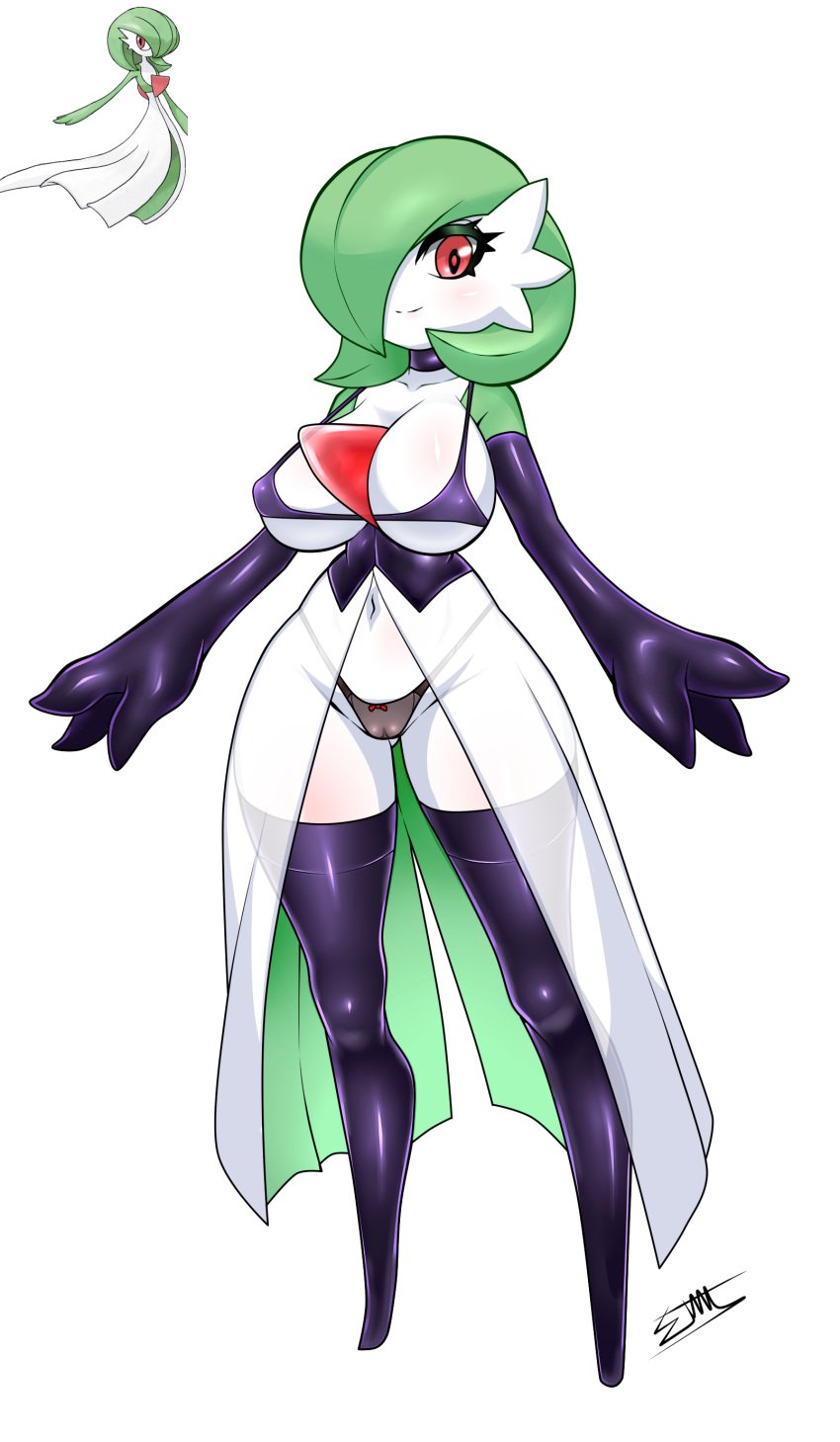 absurdres black_bra black_gloves black_panties black_thighhighs blush bob_cut bra colored_skin dress elbow_gloves eliozdherion female gardevoir gloves green_hair green_skin hair_over_one_eye highres multicolored_skin navel panties pink_eyes pokemon pokemon_(creature) pussy reference_inset see-through_clothes signature smile thighhighs two-tone_skin underwear white_dress white_skin