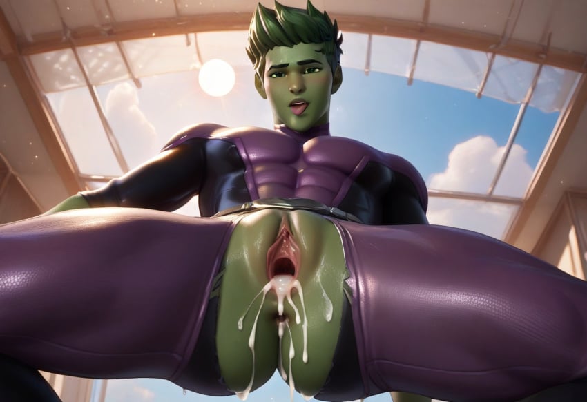 ai_generated beast_boy clothing cum cum_in_ass cum_in_pussy cum_inside cuntboy dc_comics fortnite gay green_skin large_pecs male_only muscular pussy pussy_juice spread_legs spread_pussy thick_thighs