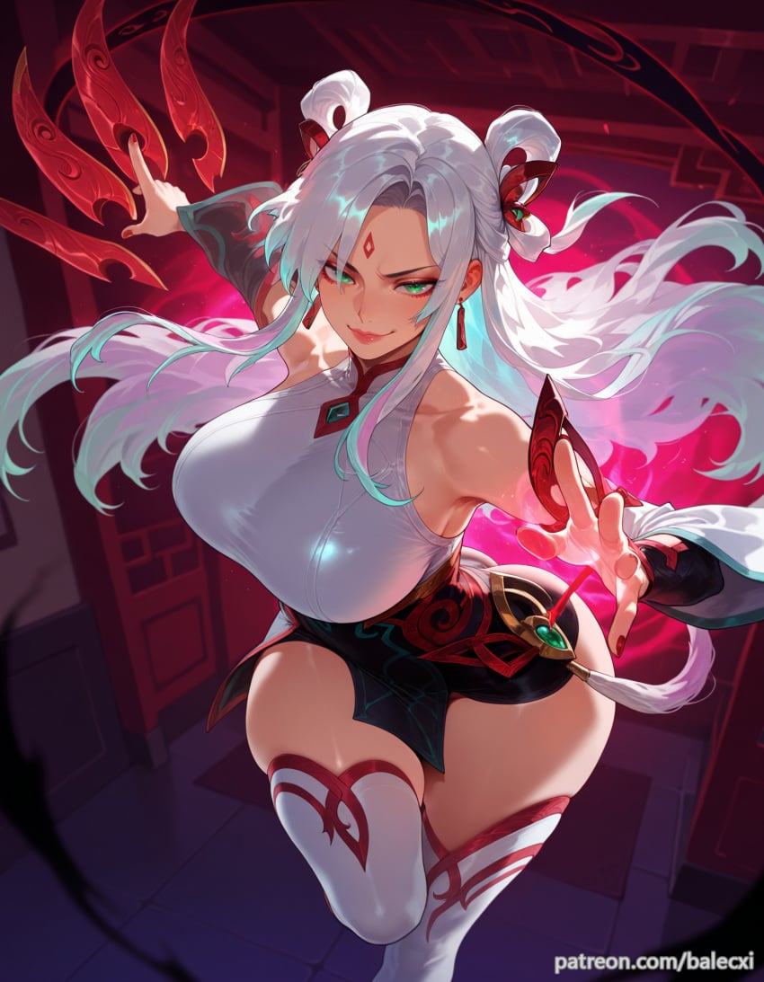 ai_generated balecxi bare_shoulders detached_sleeves earrings female green_eyes irelia_xan jewelry large_breasts league_of_legends long_hair looking_at_viewer mythmaker_irelia mythmaker_series smile solo thick_thighs white_hair white_thighhighs