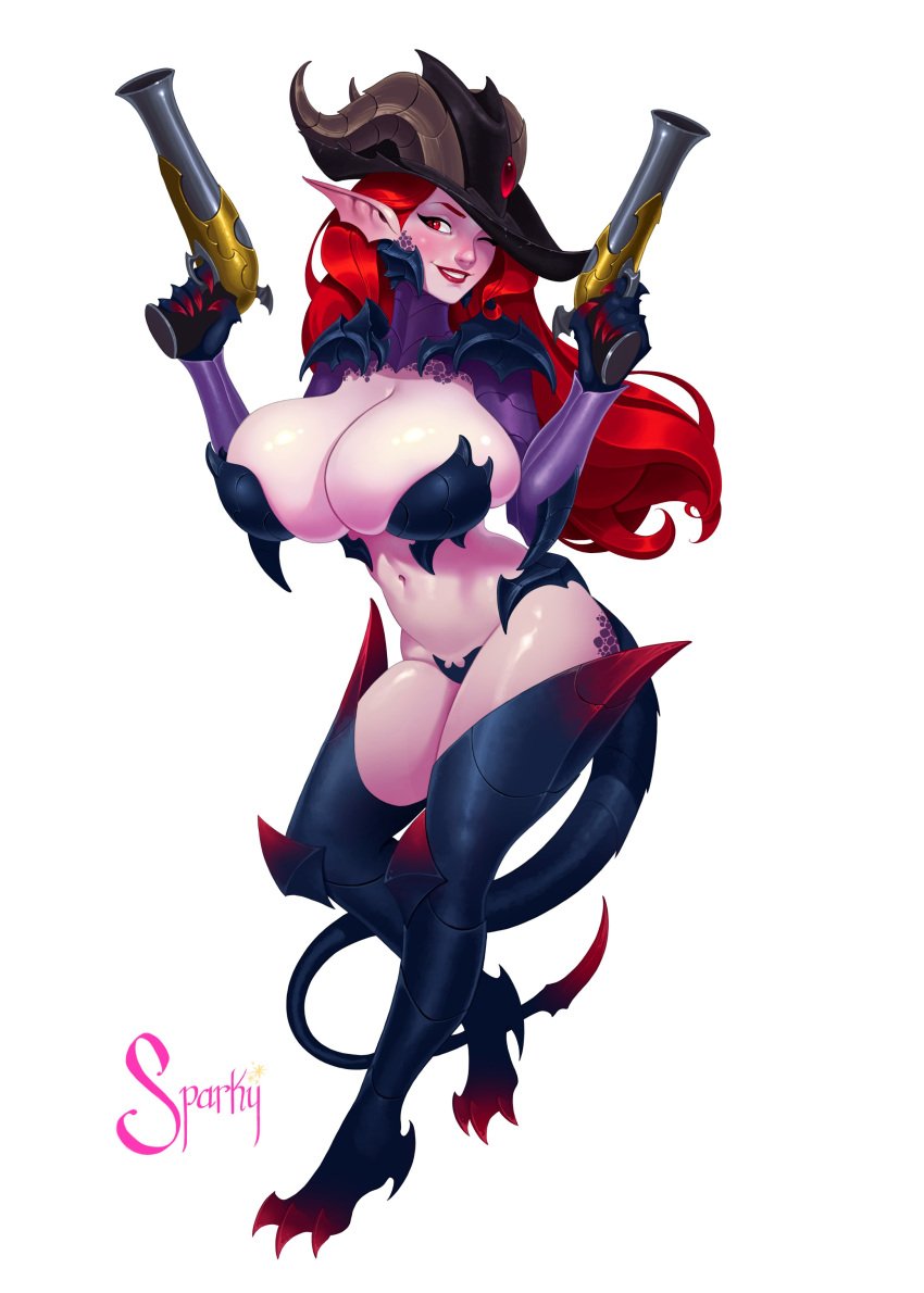 1girls alternate_costume artist_name bursting_breasts claws dragon dragon_girl dragon_tail female_only full_body huge_breasts league_of_legends light-skinned_female light_skin long_hair midriff miss_fortune monster_girl pistol red_eyes red_hair riot_games sarah_fortune skimpy skimpy_armor slit_pupils solo solo_female sparky.girlsart tail thighhighs white_background