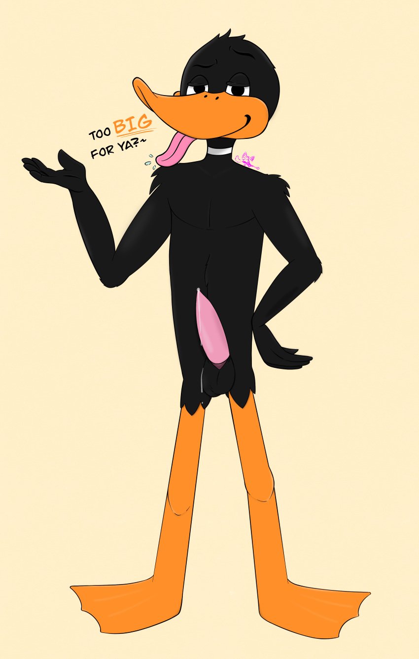 absurd_res anatid anseriform anthro avian balls beak bird black_body bodily_fluids cum cum_on_balls cum_on_penis daffy_duck duck furiousfox genital_fluids genitals hi_res looking_at_viewer looney_tunes male male_only penis precum solo solo_male standing text tongue tongue_out warner_brothers