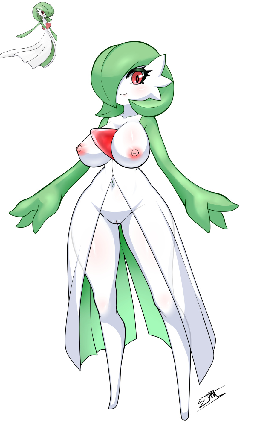 absurdres blush bob_cut breasts cleft_of_venus colored_skin dress eliozdherion female gardevoir green_hair green_skin hair_over_one_eye highres multicolored_skin navel nipples pink_eyes pokemon pokemon_(creature) pussy reference_inset signature smile two-tone_skin white_dress white_skin